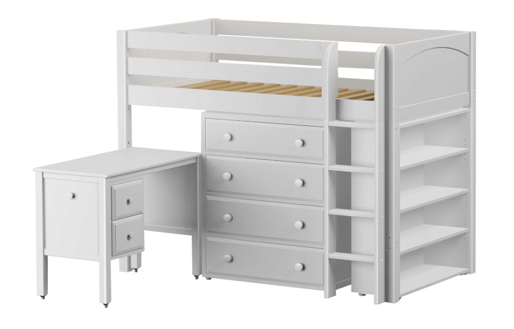 McQwinn White Twin Junior Loft Bed with Desk and Storage-Panel Ends