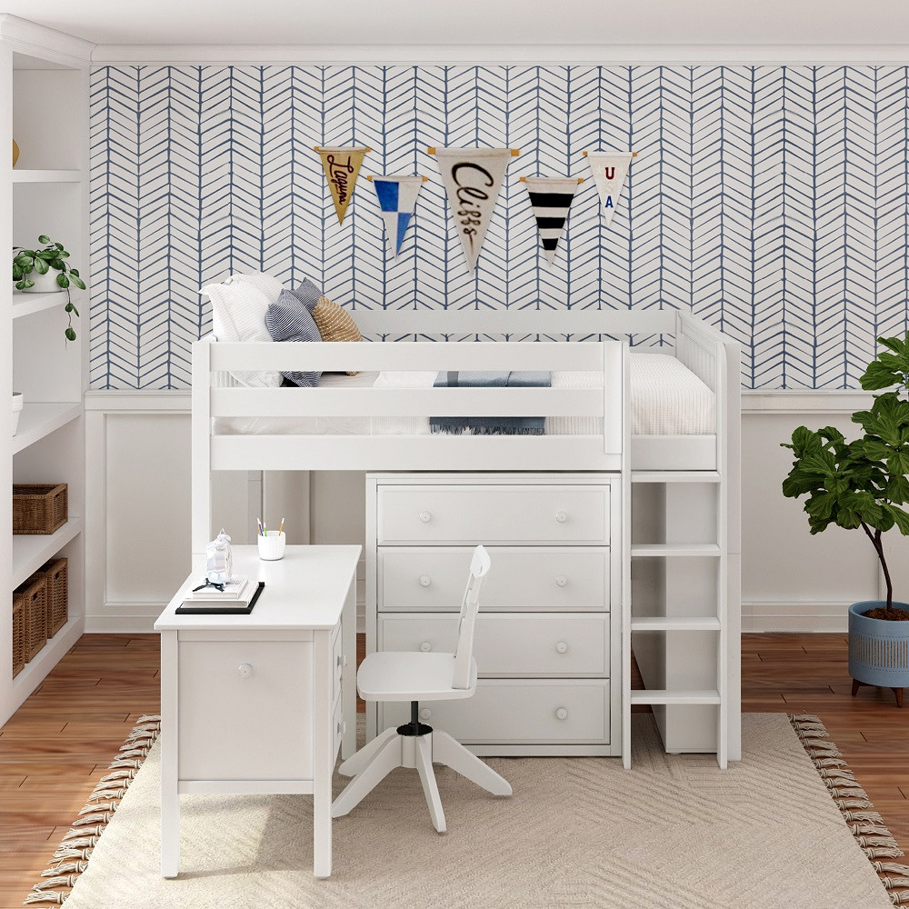McQwinn White Full Size Junior Loft Bed with Desk and Storage-Slatted Ends Front View Room