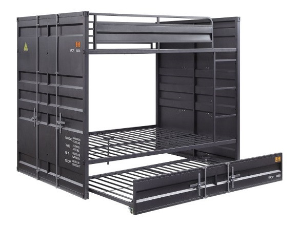 Shipping Container Full Size Gray Metal Bunk Beds shown with Optional Trundle Out