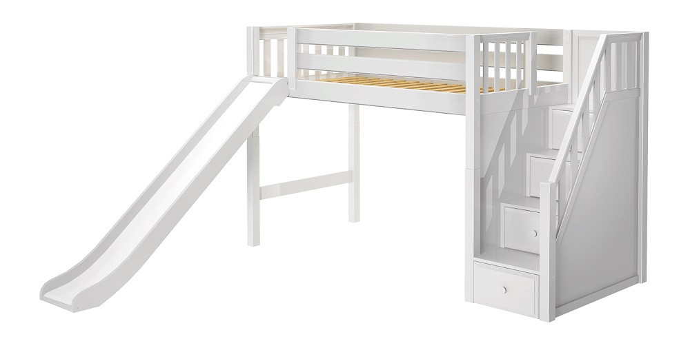 Mayor's White Twin Slide Loft Bed with Stairs-Slatted Ends
