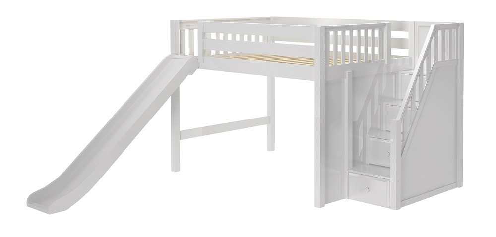 Mayor's White Full Size Slide Loft Bed with Stairs-Slatted Ends