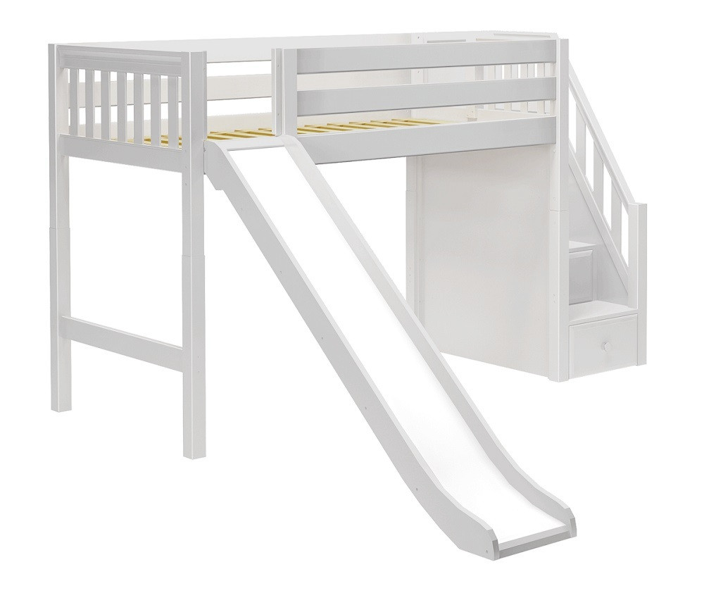 Mayor's White Twin Slide Loft Bed with Stairs-Slatted Ends Left Side View