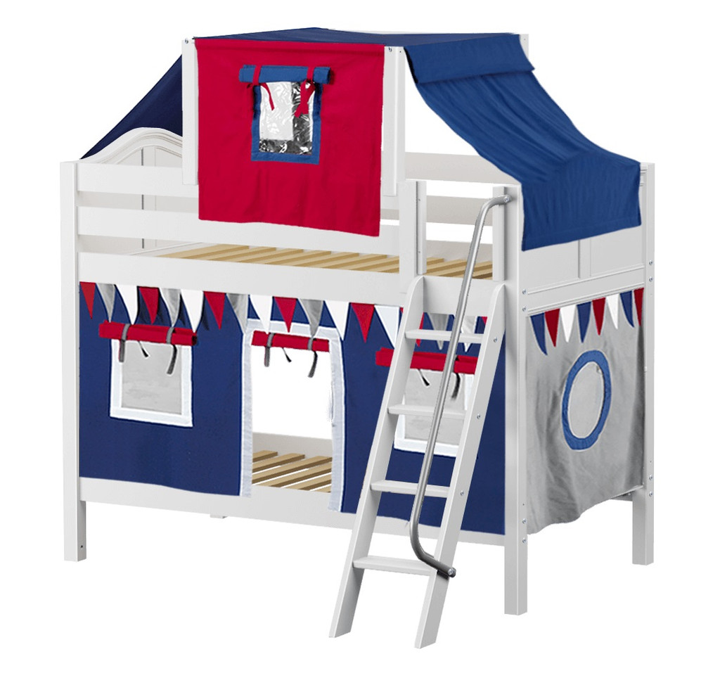 Whistle Stop White Low Twin Size Kids Playhouse Bunk Bed-Curved Ends-Navy/Red/Grey