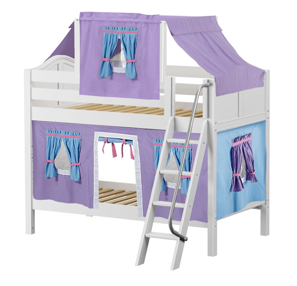Whistle Stop White Low Twin Size Kids Playhouse Bunk Bed-Curved Ends-Purple/Blue/Hot Pink