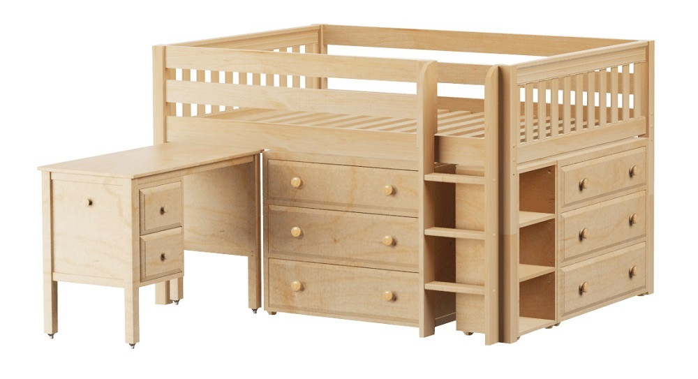 Madeline Natural Low Full Loft Bed with Desk and Storage-Slatted Ends Angled View