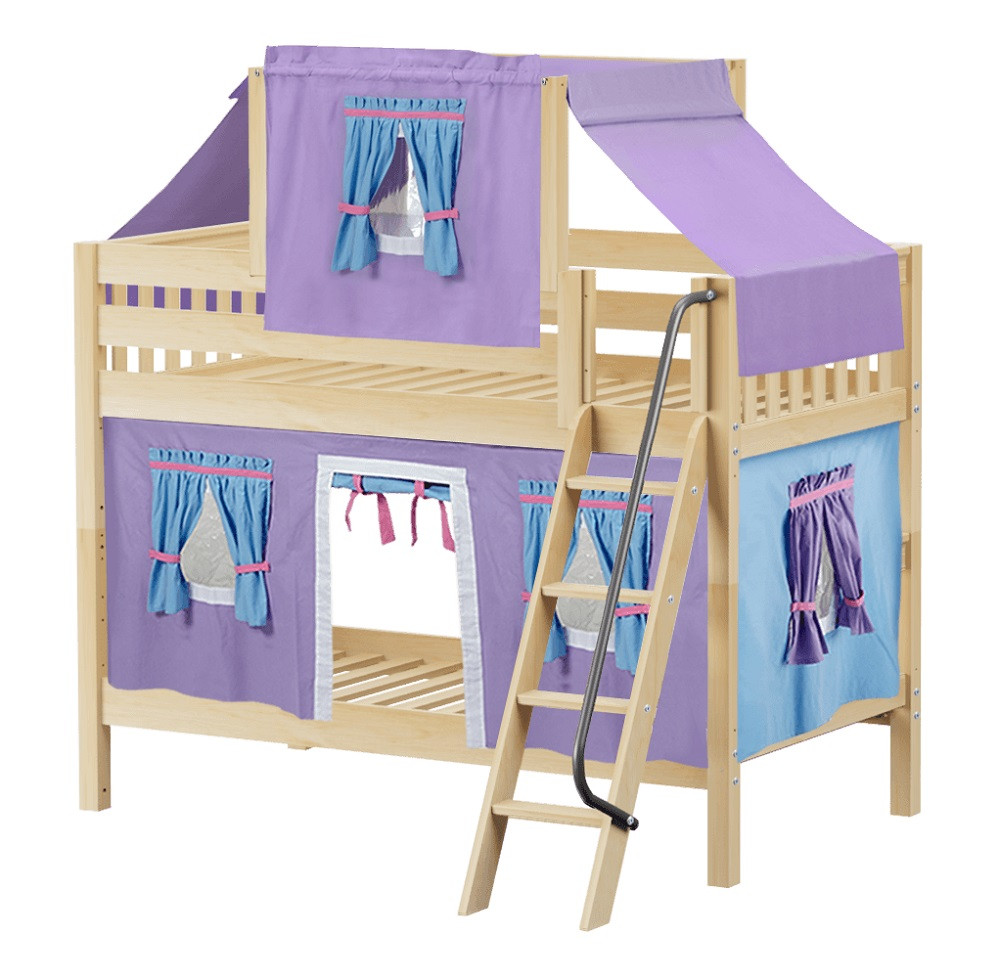 Whistle Stop Natural Low Twin Size Kids Playhouse Bunk Bed-Slatted Ends-Purple/Light Blue/Hot Pink