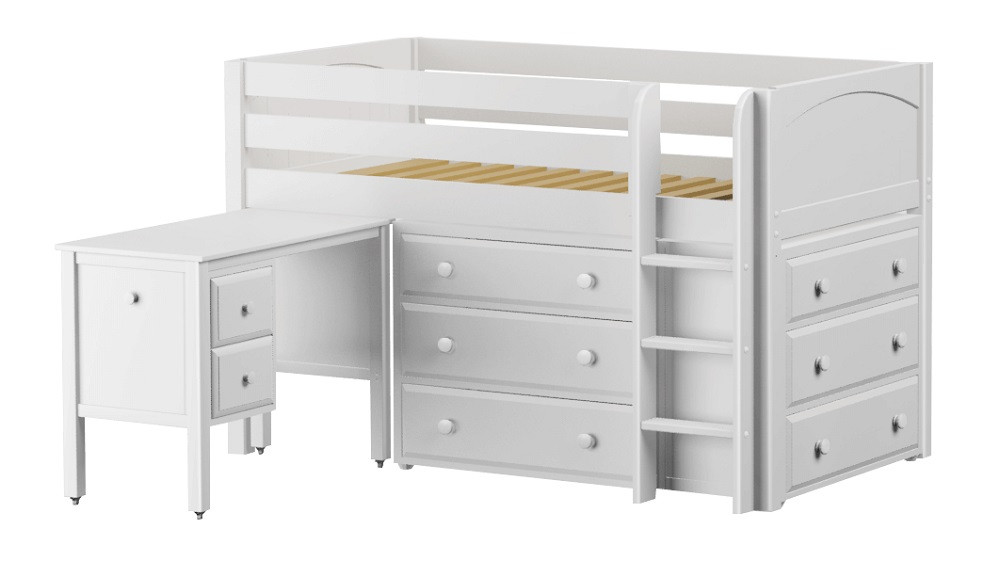 Madeline White Low Twin Loft Bed with Desk and Storage-Panel Ends Angled View