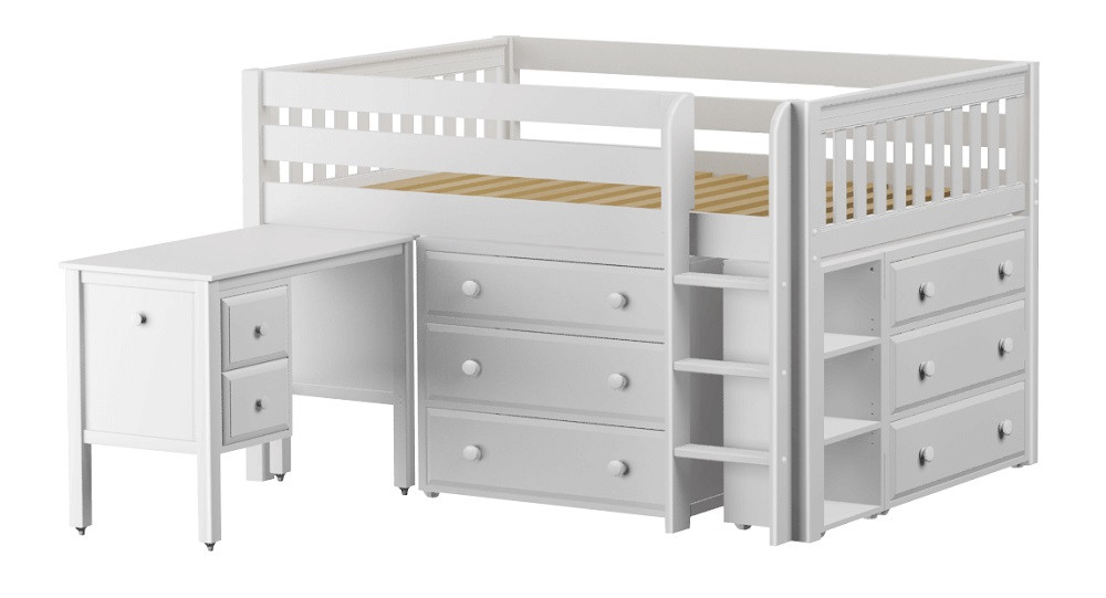 Madeline White Low Full Loft Bed with Desk and Storage-Slatted Ends Angled View