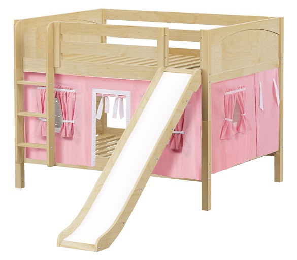 Most Fun Natural Full Size Low Bunk Bed with Slide shown with Optional Pink Curtains