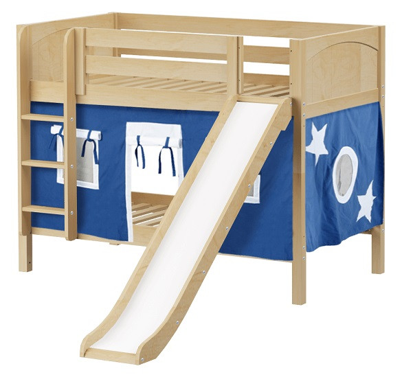 Most Fun Natural Twin Size Low Bunk Bed with Slide shown with Optional Blue Curtains