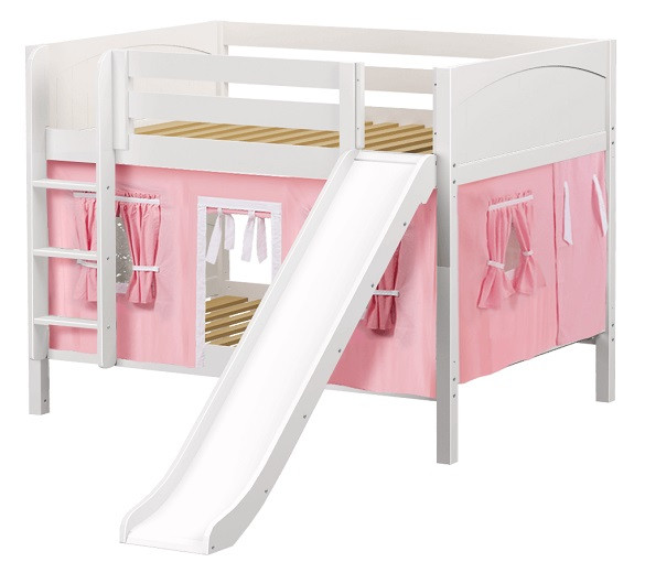 Most Fun White Full Size Low Bunk Bed with Slide shown with Optional Pink Curtains