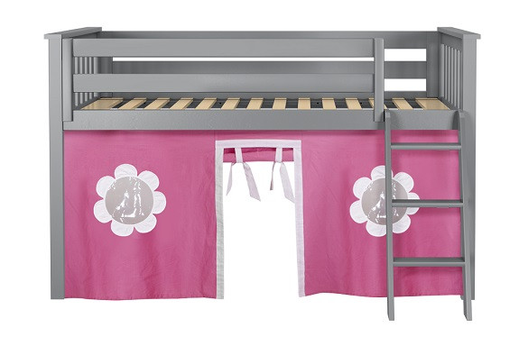 Turin Gray Loft Beds for Kids shown with Hot Pink and White Curtains Front View