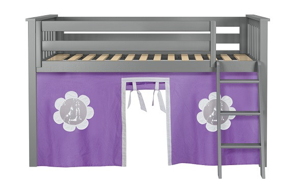 Turin Gray Loft Beds for Kids shown with Purple and White Curtains Front View