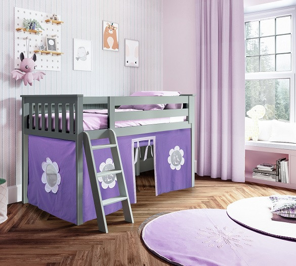 Turin Gray Loft Beds for Kids shown with Purple and White Curtains Room