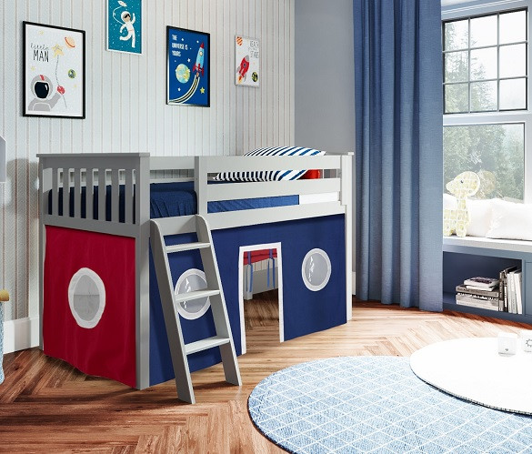 Turin Gray Loft Beds for Kids shown with Red and Blue Curtains Room
