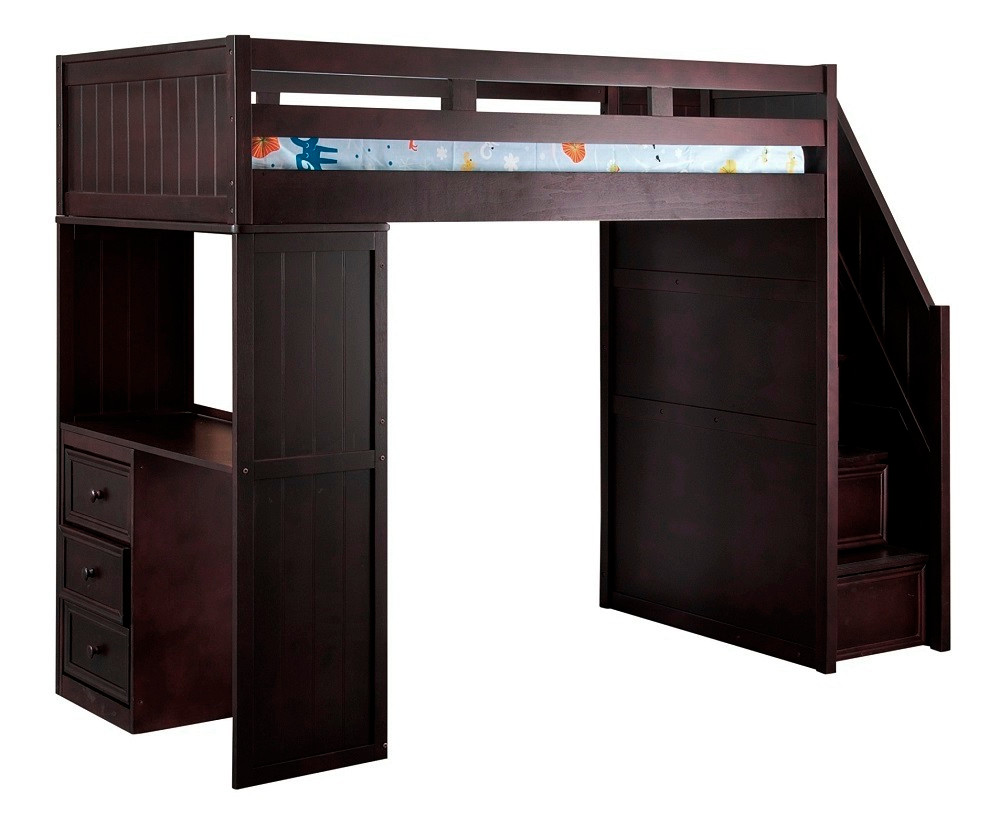 Lewis Espresso Twin Loft Bed with Stairs and Desk