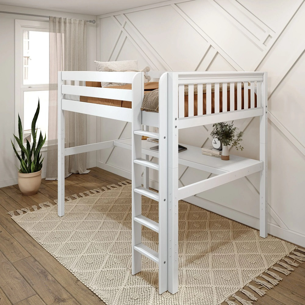 Cape May White Full Size Loft Bed with Desk-Slatted Ends Right Angled View Room