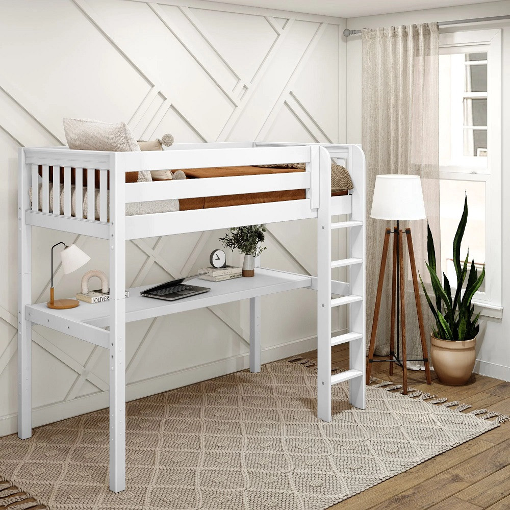 Cape May White Twin Loft Bed with Desk-Slatted Ends Left Angled View Room
