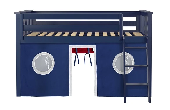Buxton Blue Loft Beds for Kids shown with Red and Blue Curtains Front View