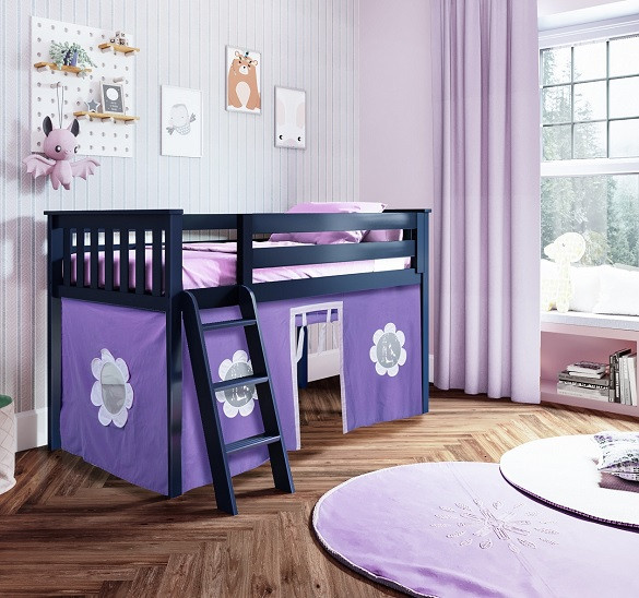 Buxton Blue Loft Beds for Kids shown with Purple and White Curtains Room