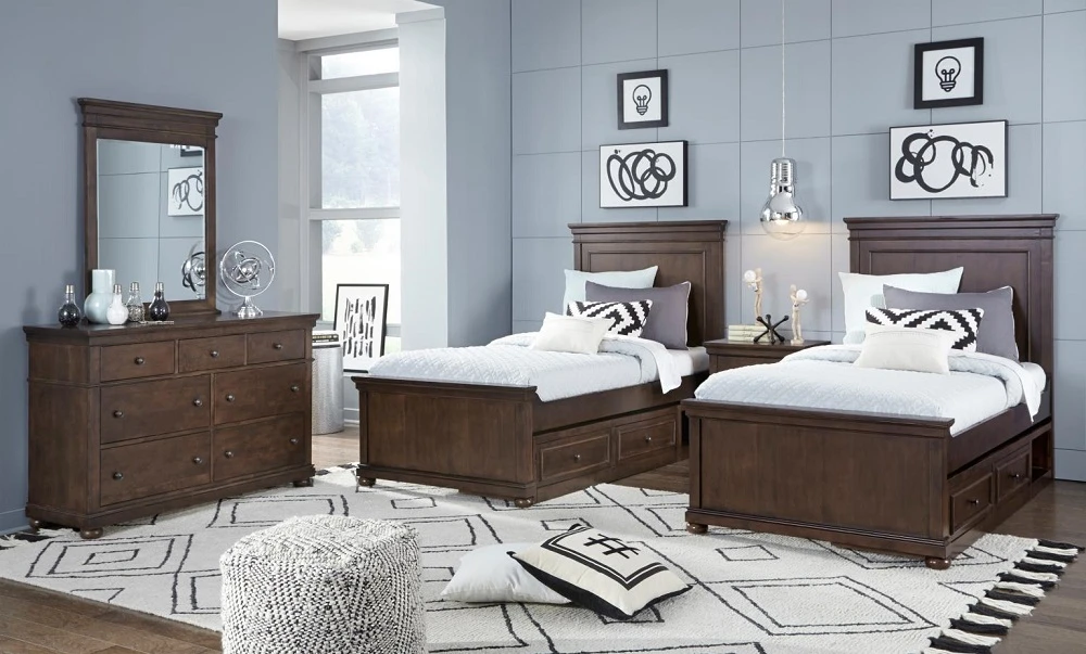 Finn Brown Cherry Twin and Full Size Beds shown with Optional Set of 2 Under Bed Storage Drawers
