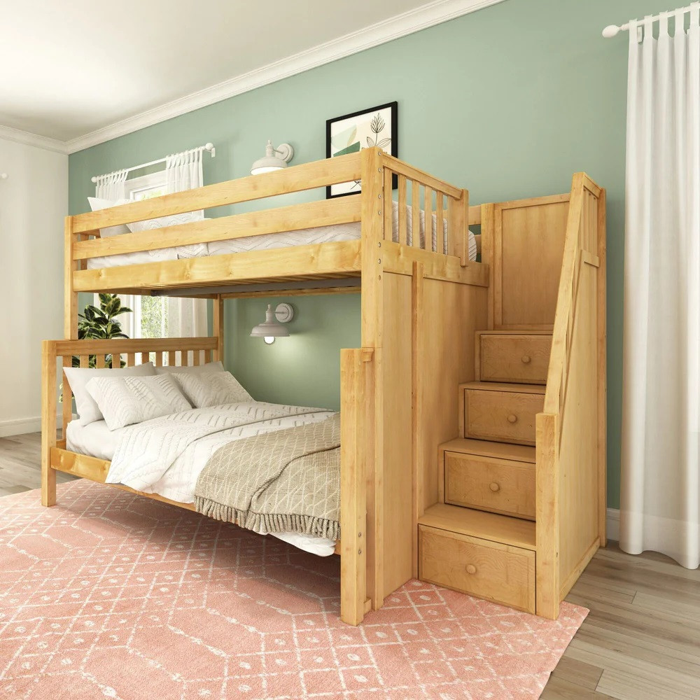 Arthur Natural Full over Queen Bunk Bed with Stairs Angled View Room