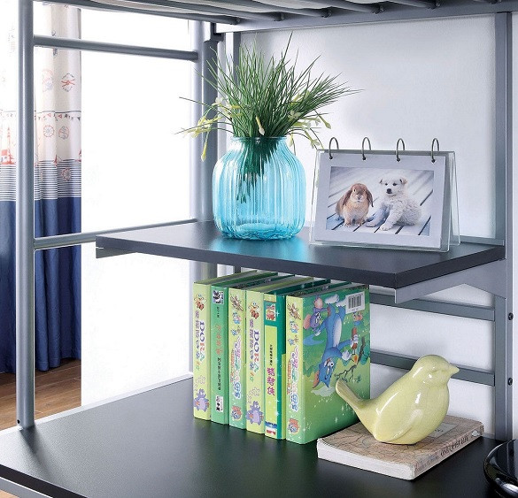Emerson Twin Loft Bed with Desk Silver Finish Shelf Detail