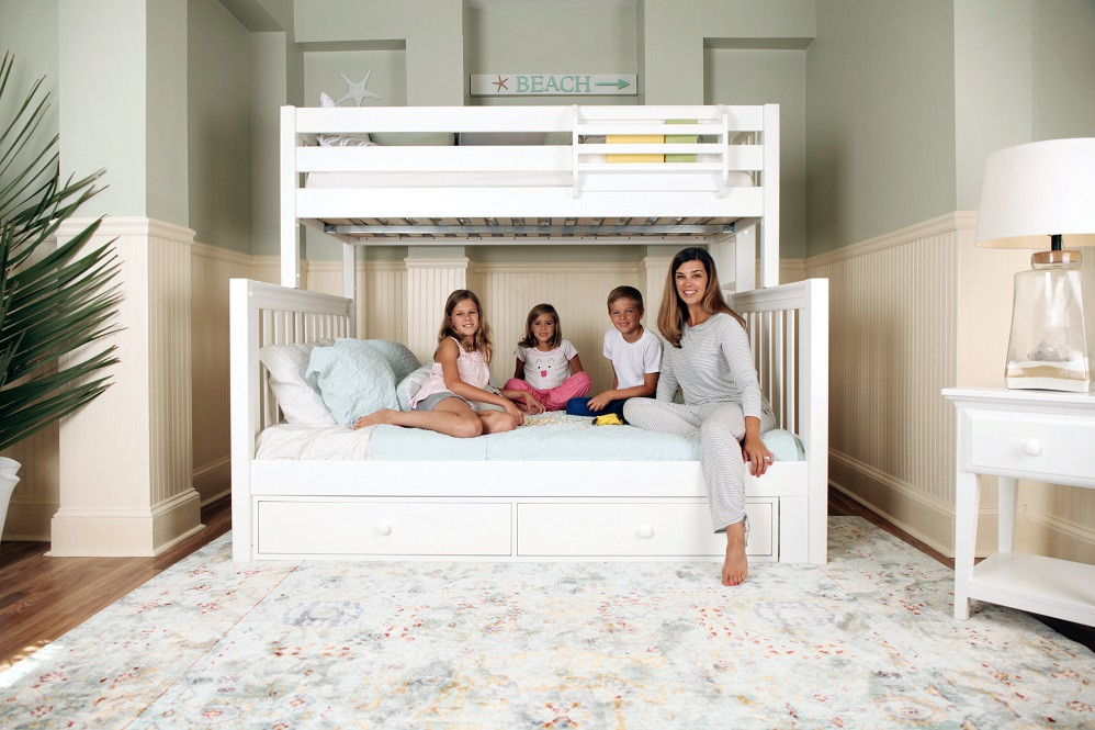 Crystal White Twin XL Bunk Bed with Queen on Bottom with Optional Set of 2 Under Bed Drawers Adult and Kids Front View Room