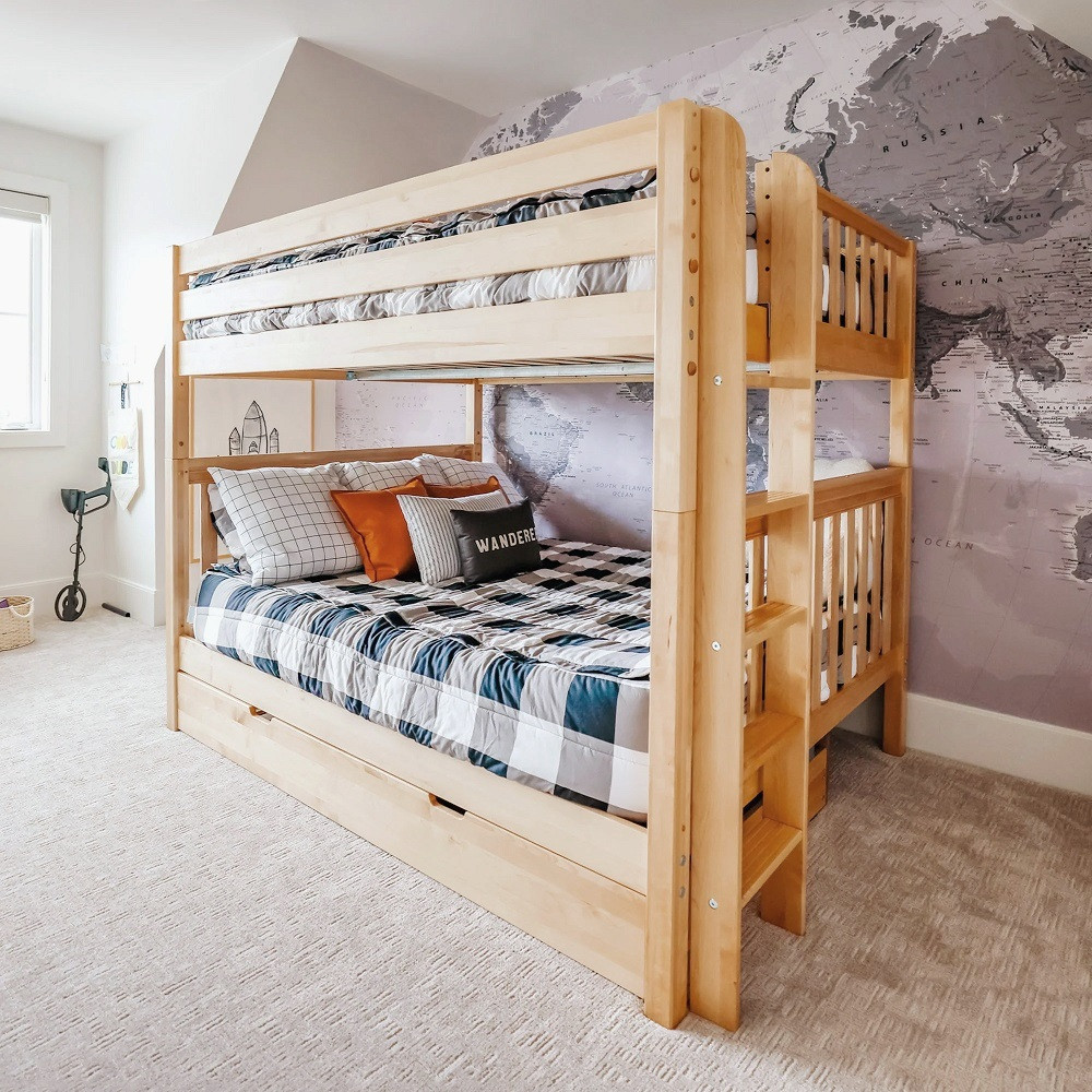 Becks Natural Queen Bunk Bed with Queen on Bottom shown with Optional Set of 2 XL Underbed Storage Drawers Right Angled View Room