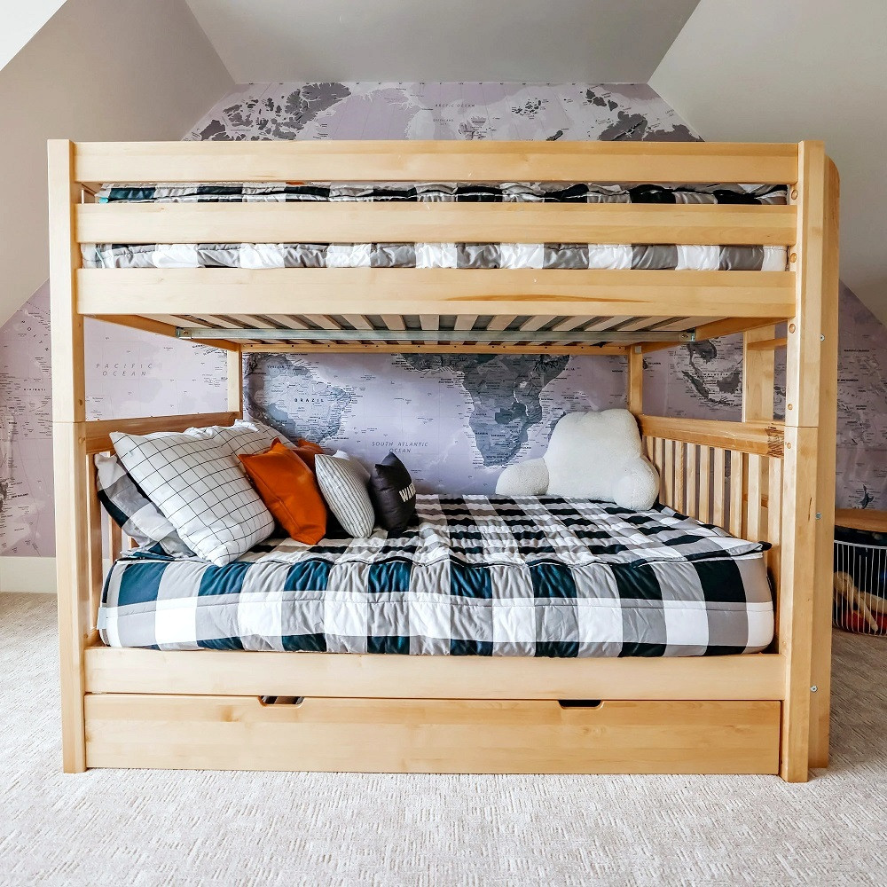 Becks Natural Queen Bunk Bed with Queen on Bottom shown with Optional Set of 2 XL Underbed Storage Drawers Front View Room