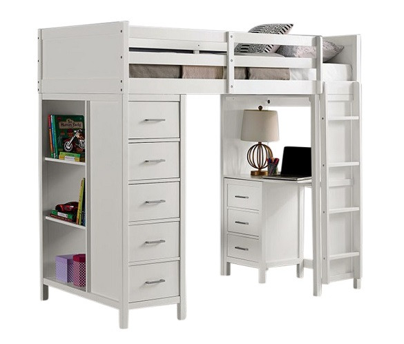 Haley White Loft Bed with Desk and Storage