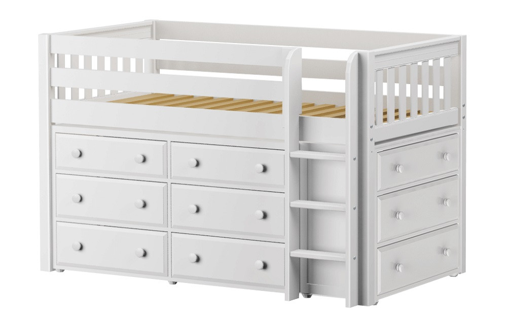 Caleb's White Twin Low Loft Bed with Storage-Slatted Ends Angled View