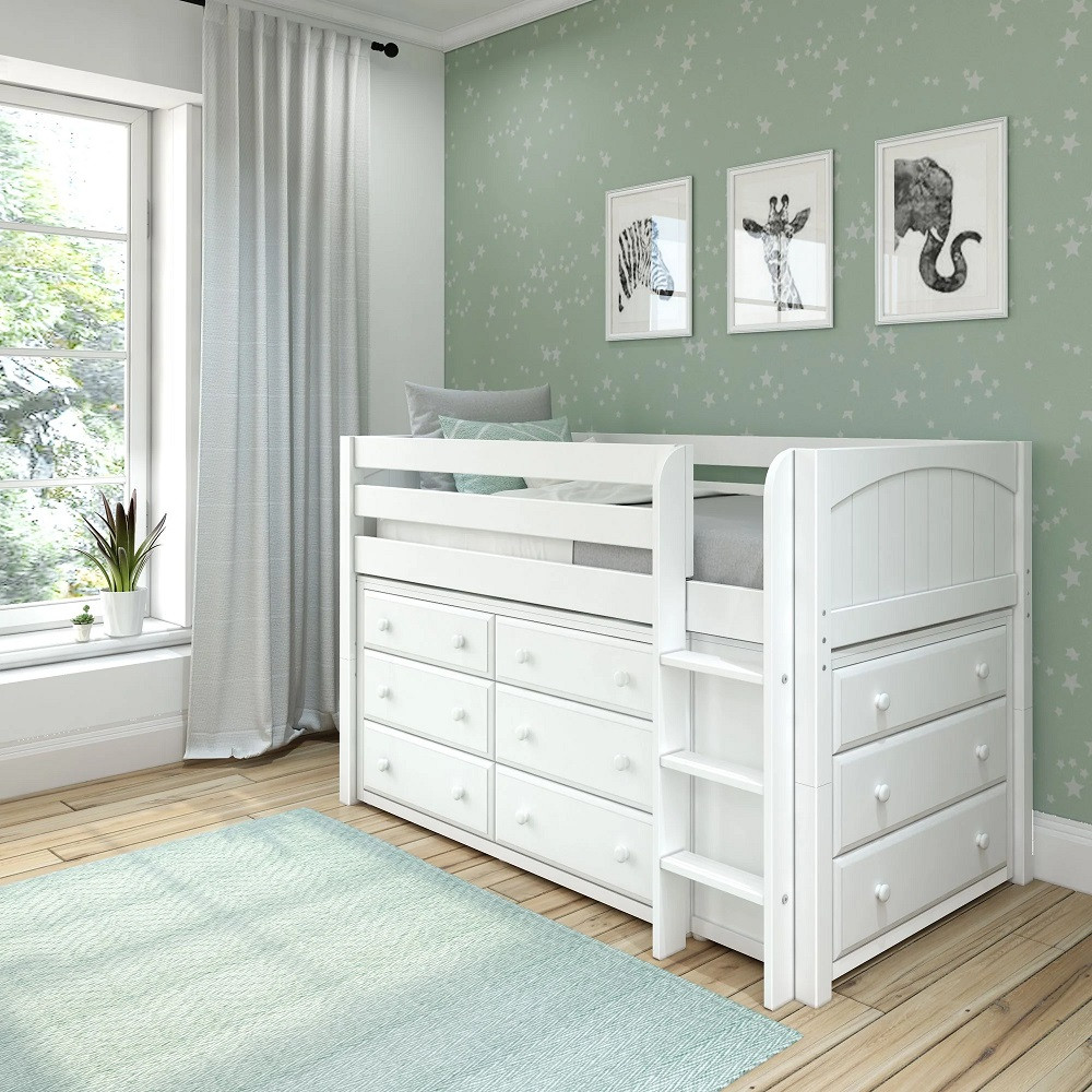 Caleb's White Twin Low Loft Bed with Storage-Panel Ends Angled View Room