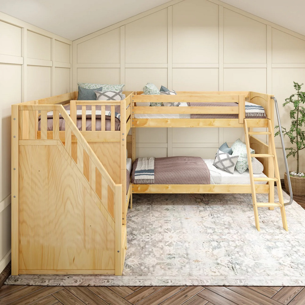Calumet Natural Sleeps 4 Twin L Shaped Bunk Beds with Stairs-Panel Ends End View Room