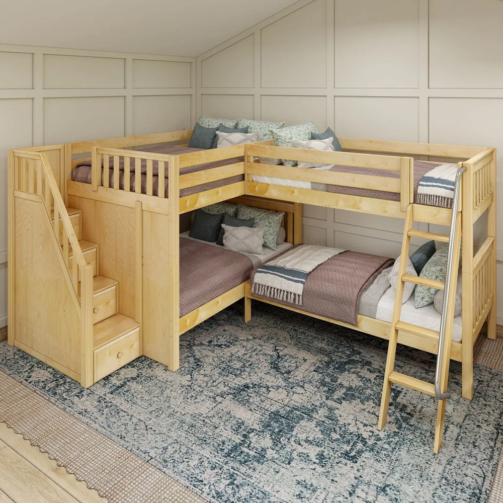 Calumet Natural Sleeps 4 Full Size L Shaped Bunk Beds with Stairs-Slatted Ends Angled View Room