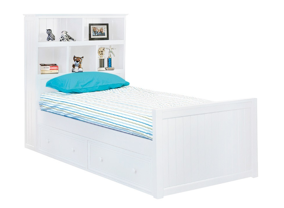 Beatrice White Twin Bookcase Bed shown with Optional Set of 2 Underbed Storage Drawers