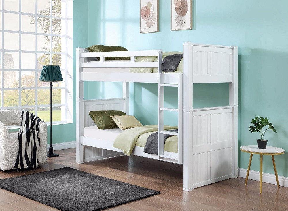 Beatrice White Twin XL Bunk Beds shown with Short Vertical Ladder Room