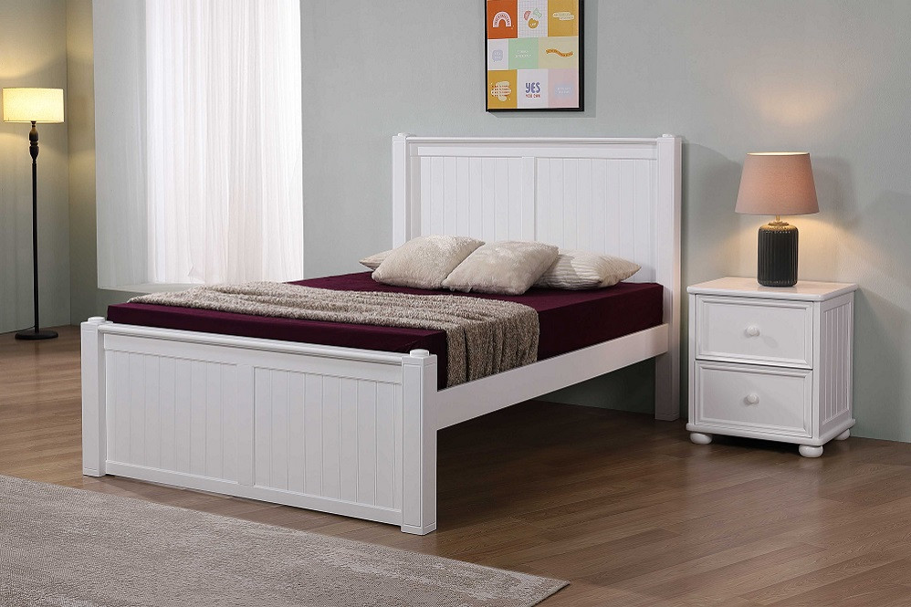 Beatrice White Full XL Bed No Finials shown with Optional Nightstand Room