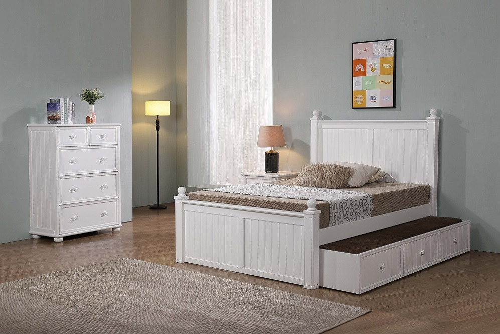 Beatrice White Full Size Kids Bed shown with Optional Twin Storage Trundle and Chest Room
