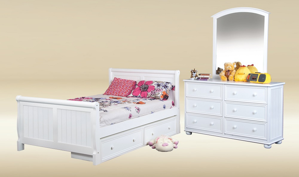 Beatrice White Full Size Sleigh Bed shown with Optional Underbed Storage Drawers, 6 Drawer Dresser and Mirror Room