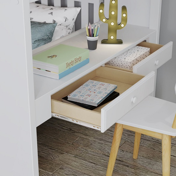 Chelsea White Full Loft Bed with Desk and Storage Desk Drawer Detail