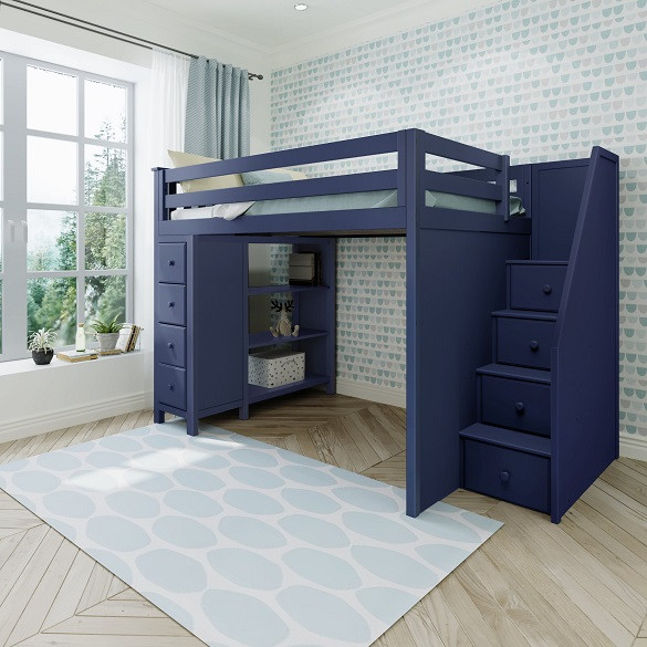 Baldwin Blue Full Size Loft Bed with Stairs Room
