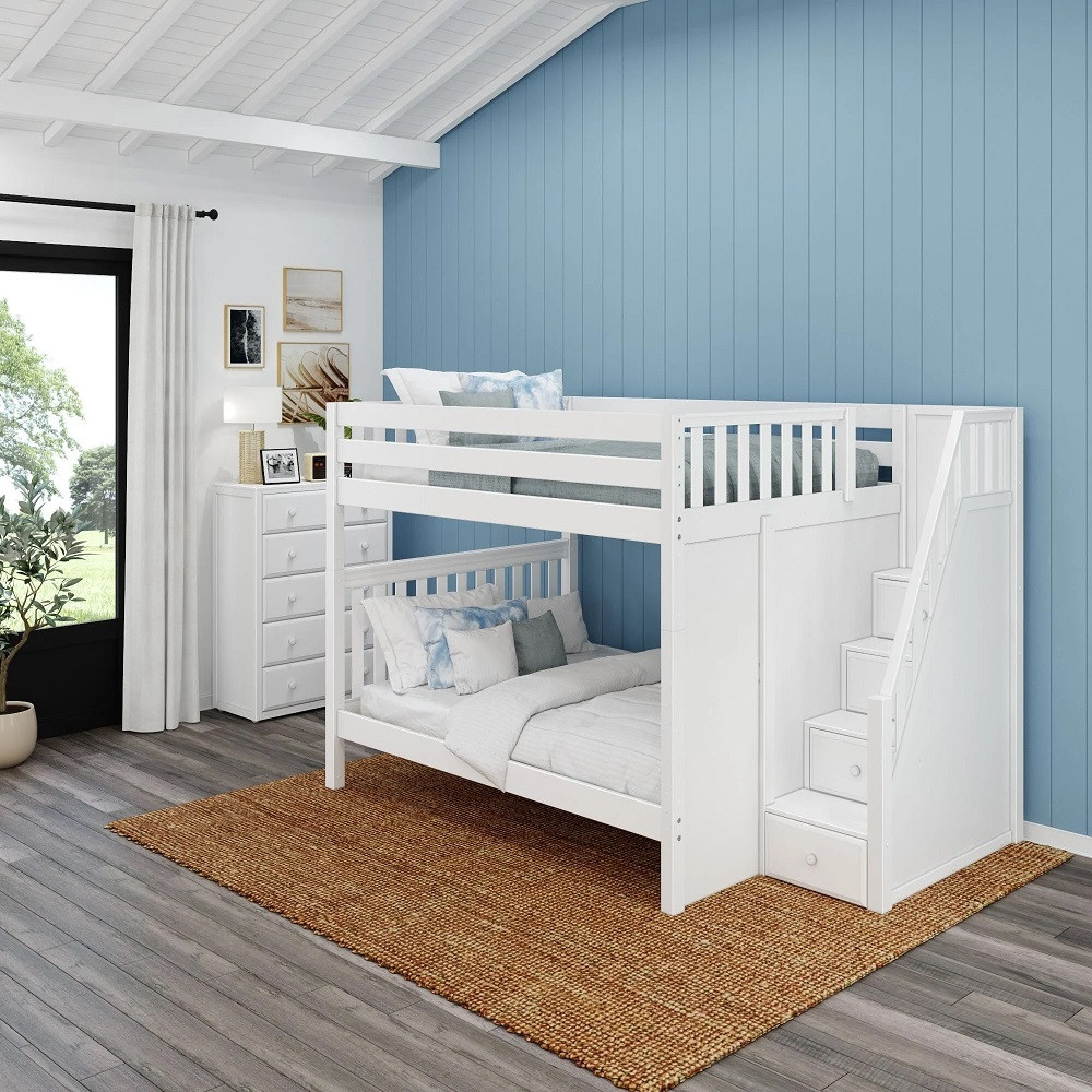 Fremont White Queen Bunk Beds with Stairs Angled View Room
