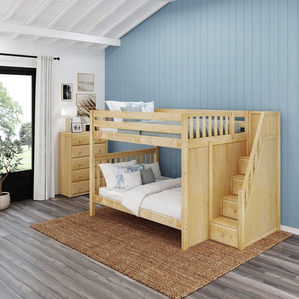 Fremont Natural Queen Bunk Beds with Stairs Angled View Room