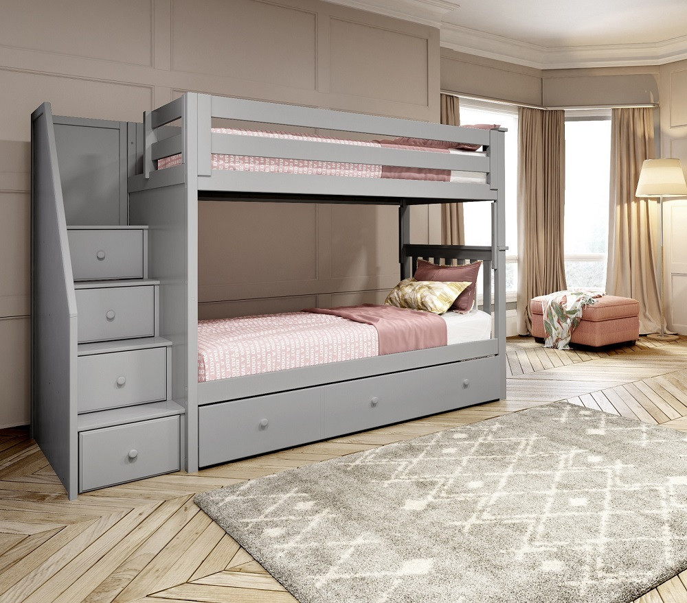 Rylan Gray Twin Bunk Beds with Stairs shown with Optional Twin Storage Trundle Angled View Room