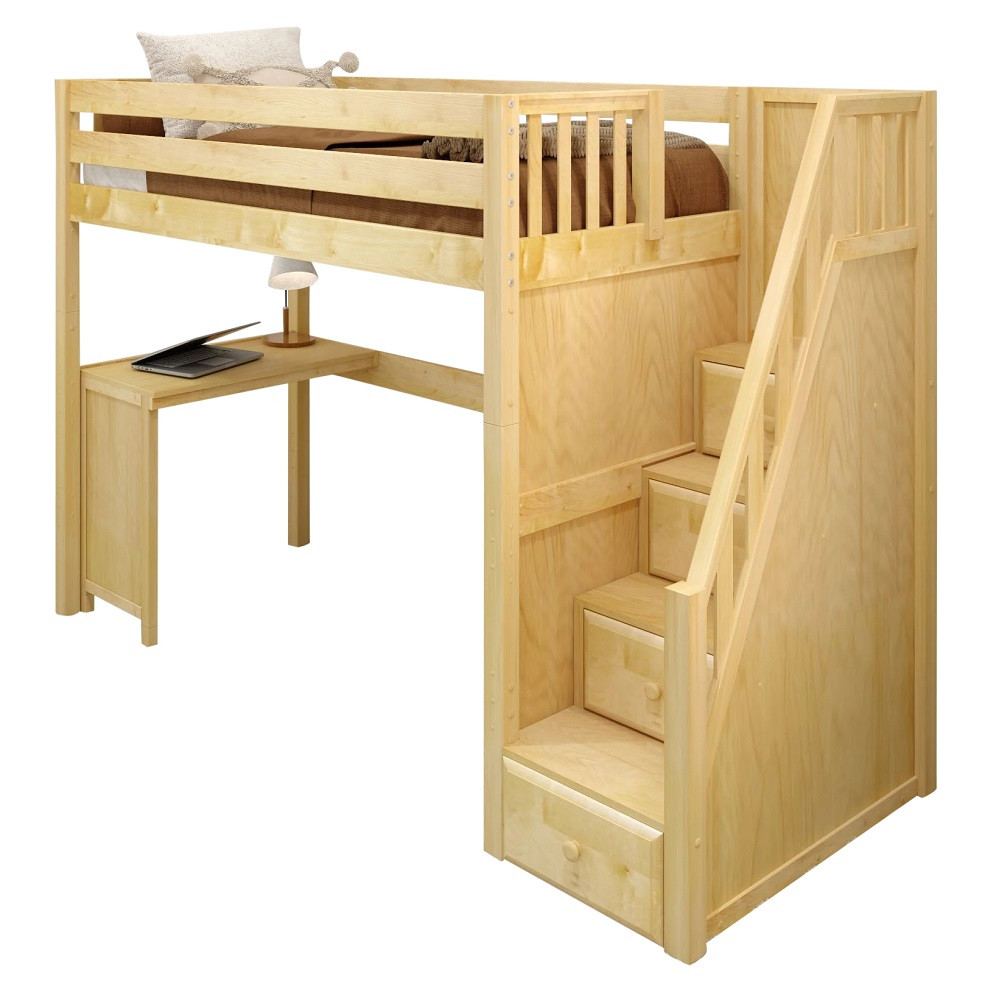 Irving Natural Twin Loft Bed with Stairs and Desk