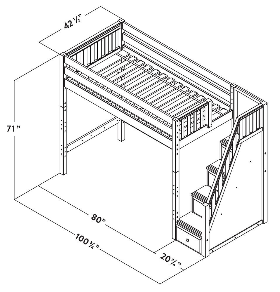Irving Natural Twin Loft Bed with Stairs and Desk Dimensions