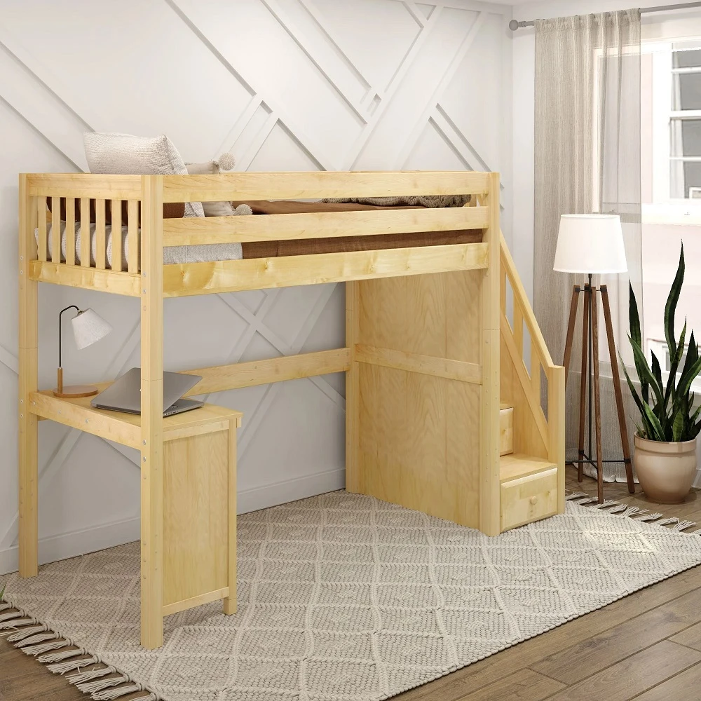 Irving Natural Twin Loft Bed with Stairs and Desk Left Angled View Room