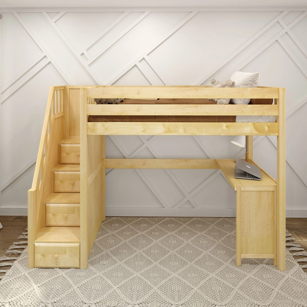 Irving Natural Twin Loft Bed with Stairs and Desk Front View Room