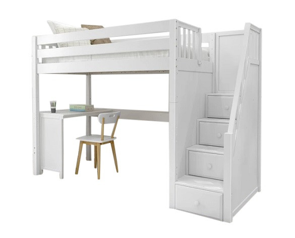Irving White Loft Bed with Stairs and Desk